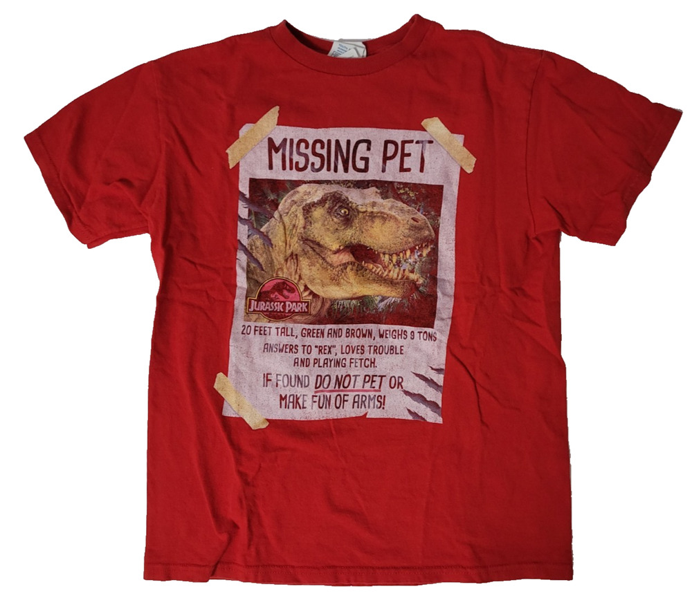 Jurassic Park Youth M Red Missing Pet T-Rex Graphic T-Shirt Delta Pro Weight